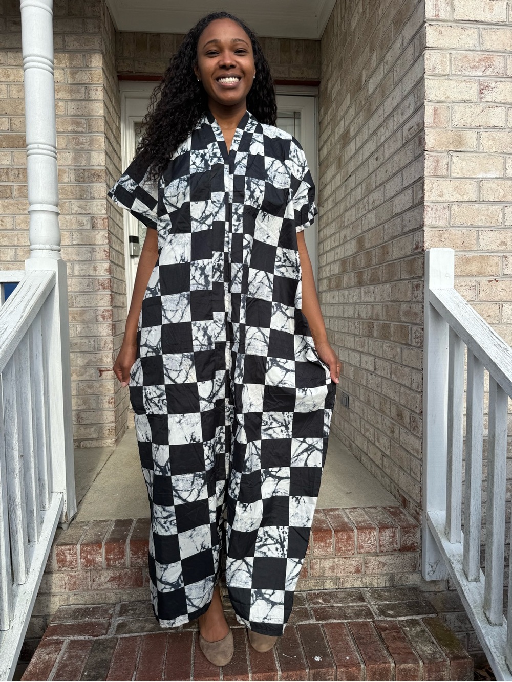 Black & White Checkerboard Marble Print Maxi Dress